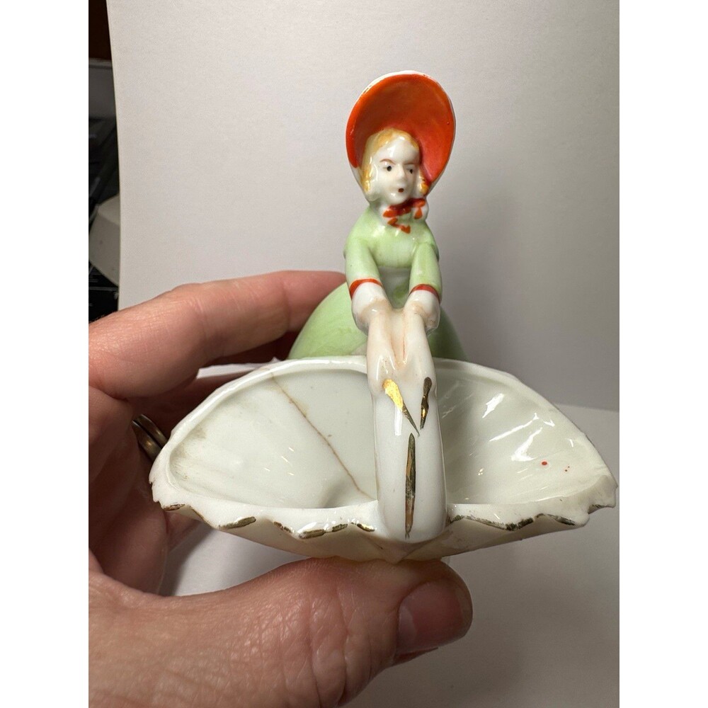 VTG Ceramic Girl Figurine Holding DishWhite Green Orange,toothpick holder Japan